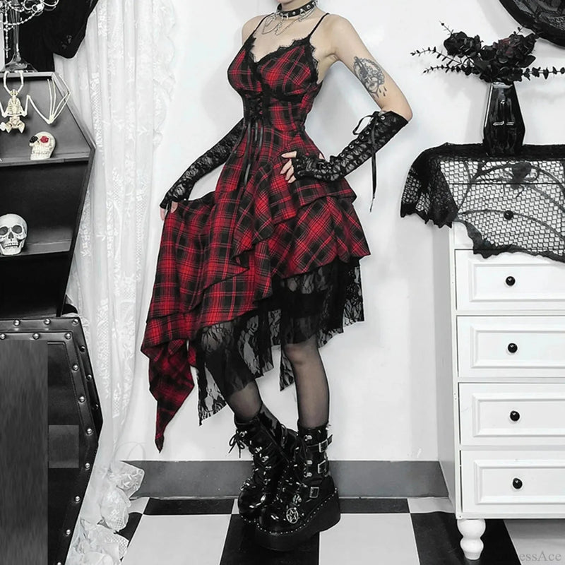 Checkered Suspenders Rebel Rock Midi Dress