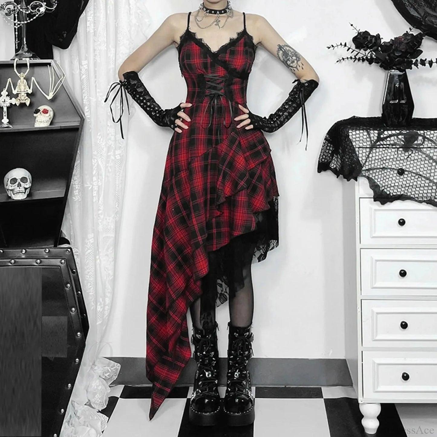 Checkered Suspenders Rebel Rock Midi Dress