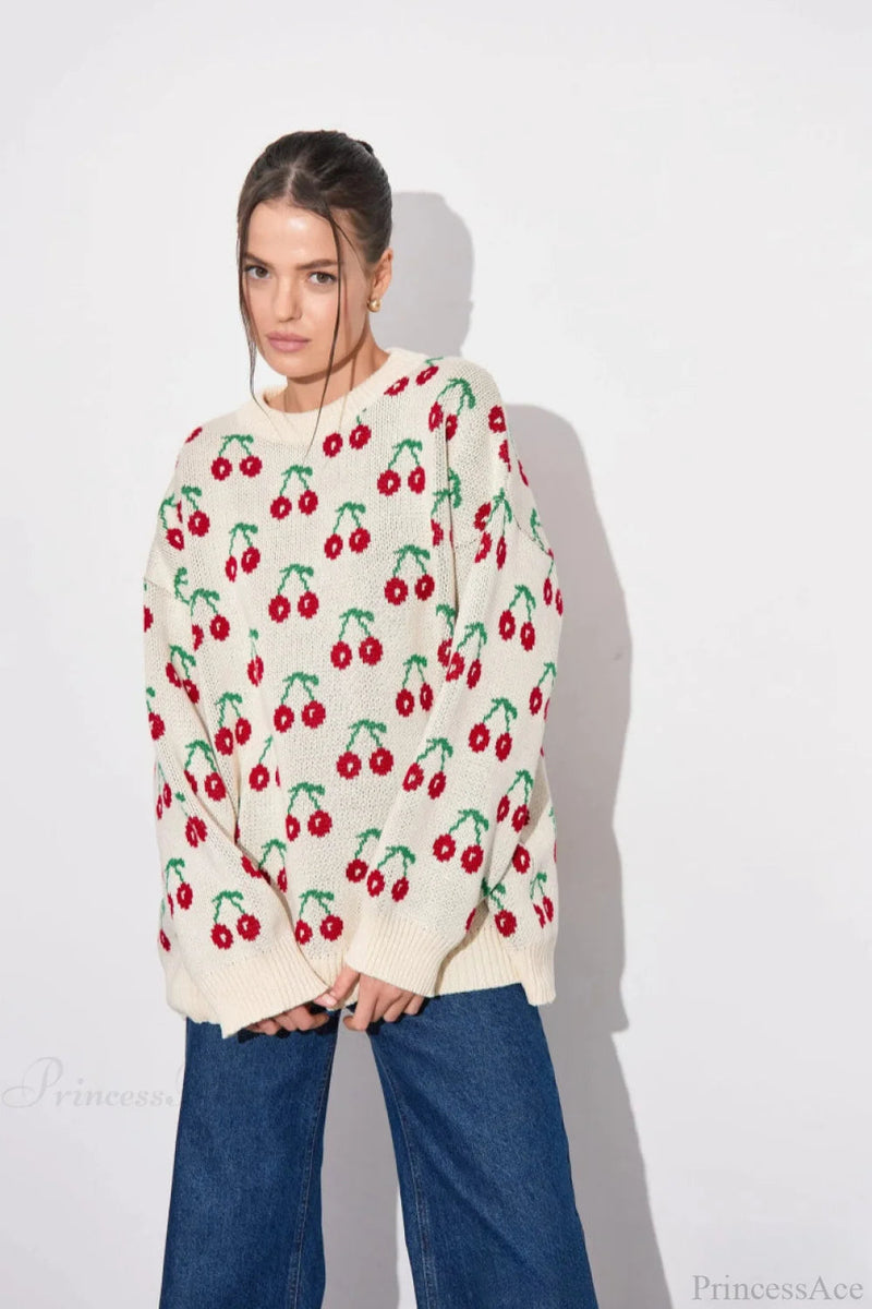 Cherry Crew Neck Mid Length Knit Sweater