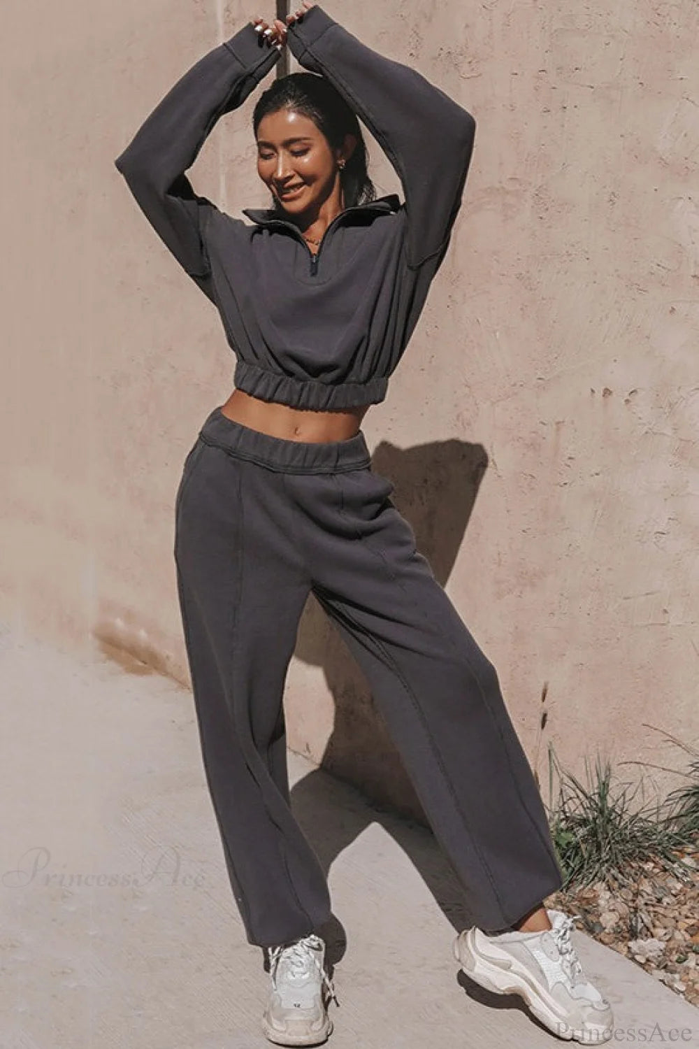 Athleisure Stand Collar Sweatshirt Elastic Jogger Two Piece Set