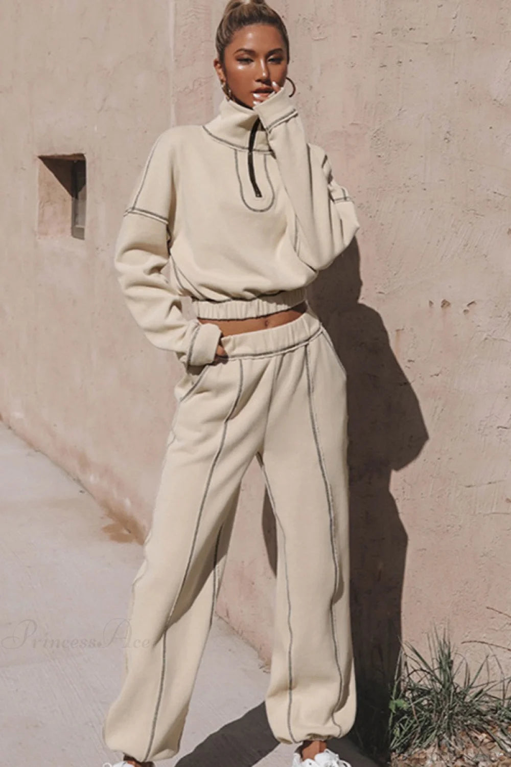 Athleisure Stand Collar Sweatshirt Elastic Jogger Two Piece Set