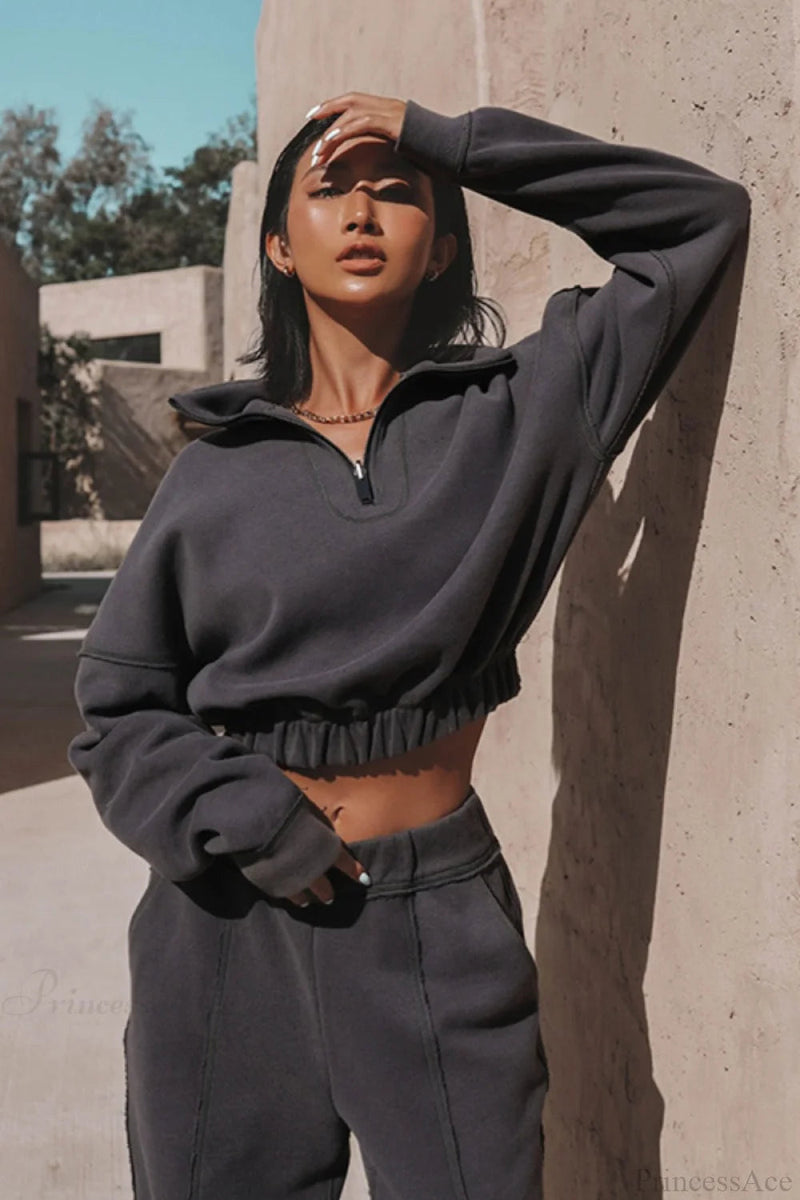 Athleisure Stand Collar Sweatshirt Elastic Jogger Two Piece Set