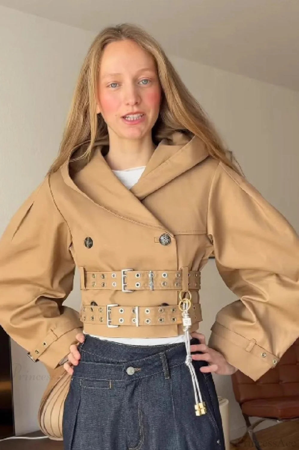 Hooded Double Belted Cropped Coat