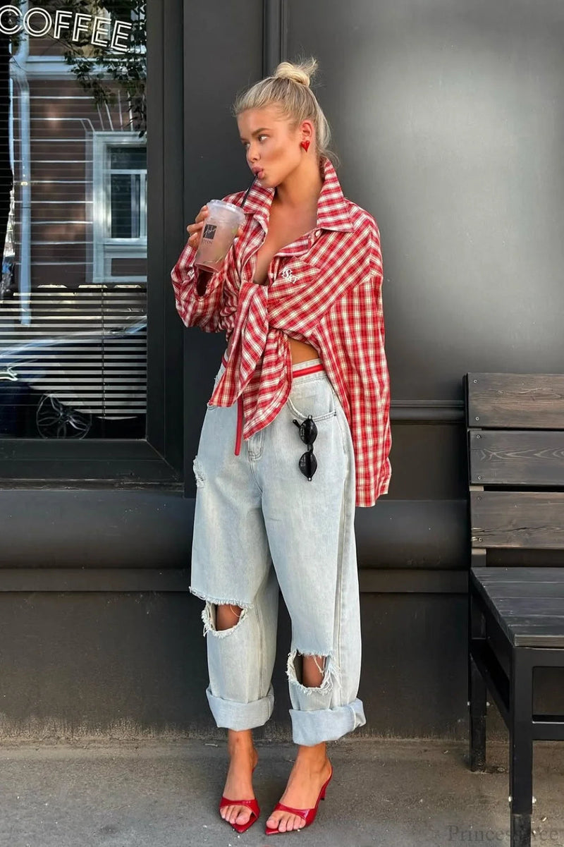 Red Plaid Collared Loose Long Sleeve Blouse