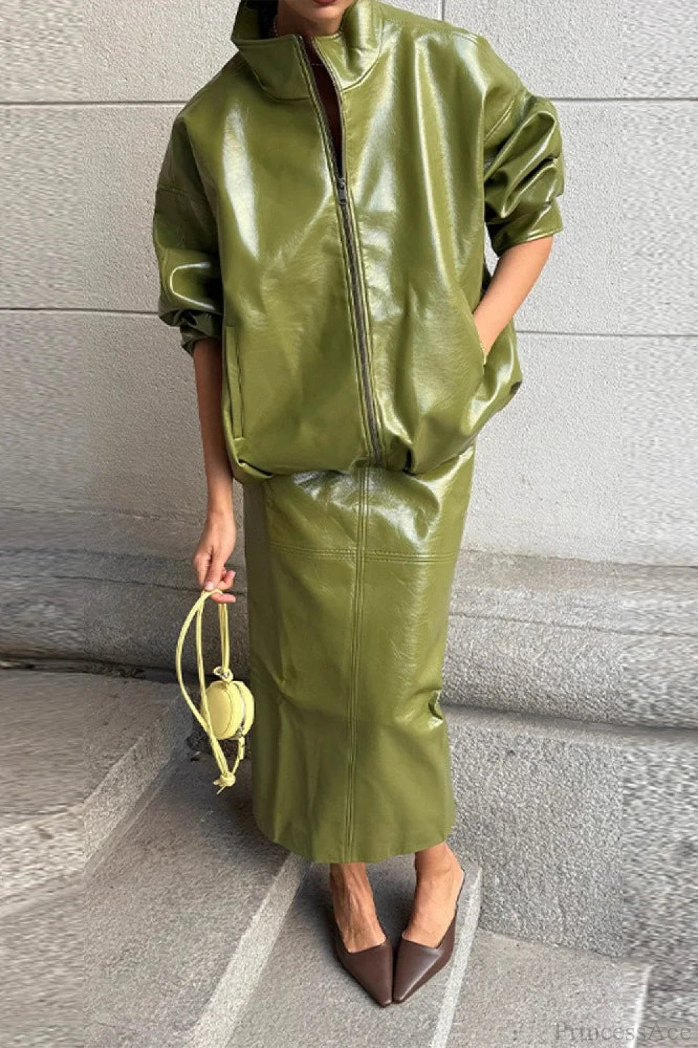 Patent Leather Stand Collar Jacket Skirt Two Piece Set
