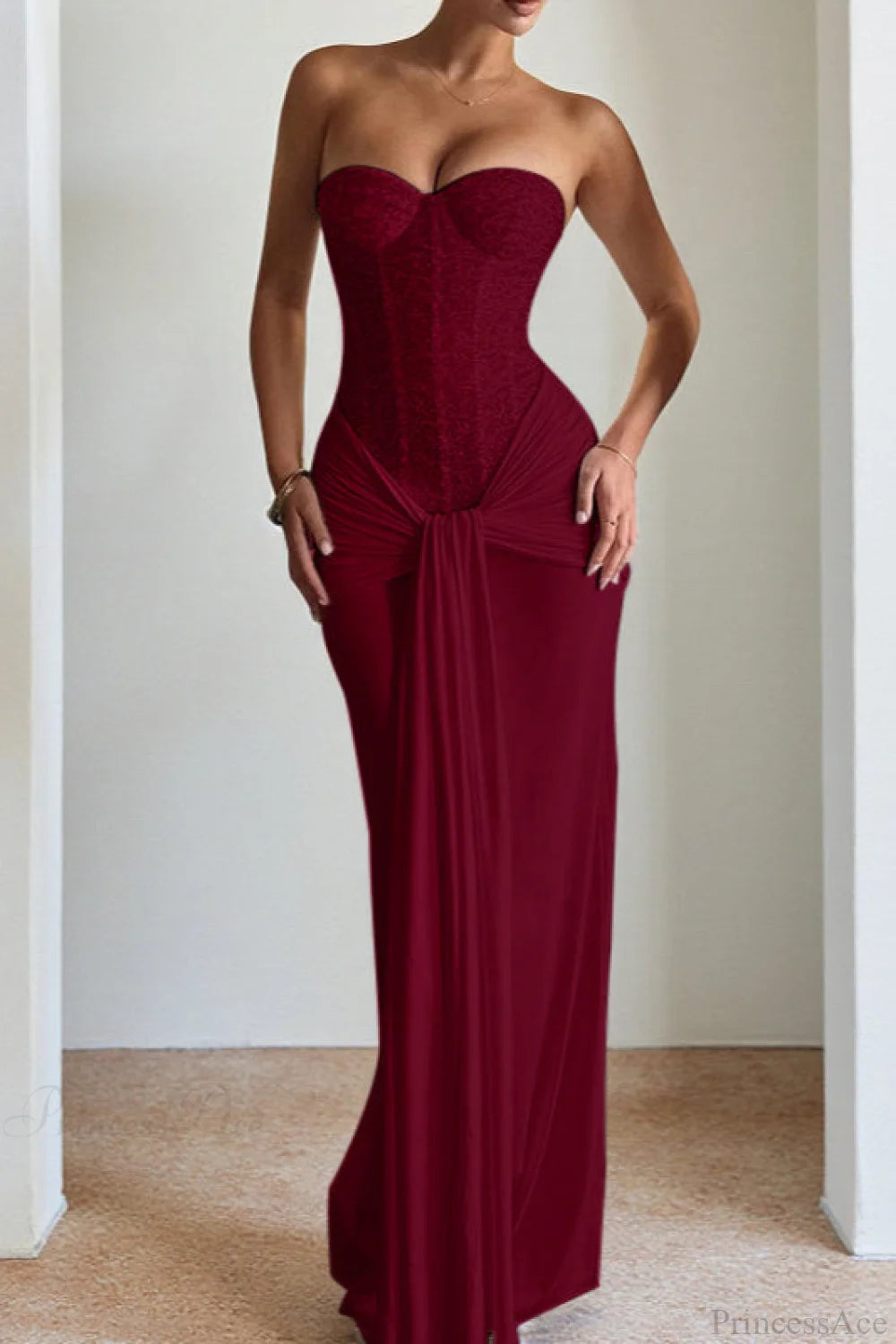 Chiffon Sash Strapless Fitted Maxi Dress