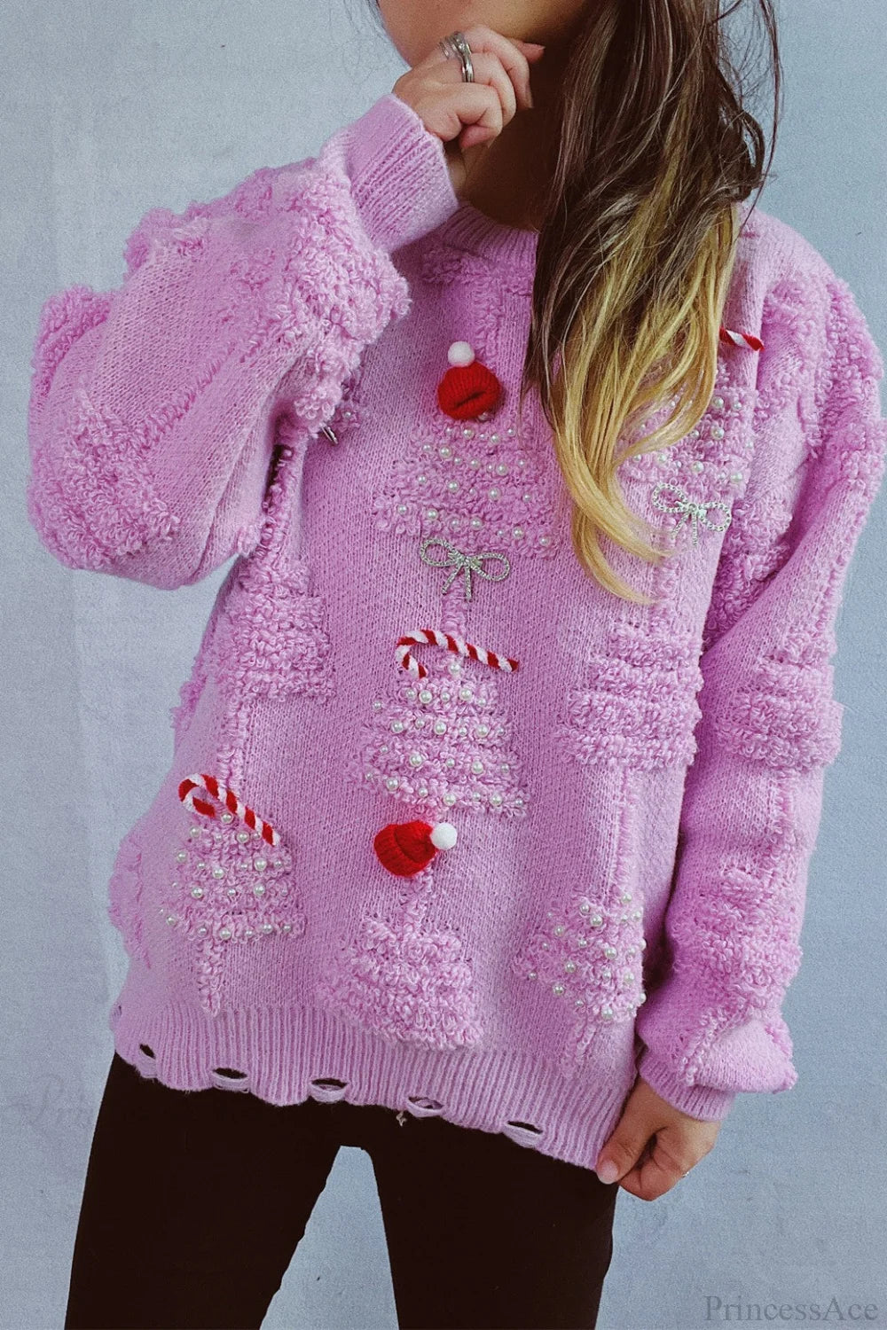 Christmas 3d Tree Pearl Flocked Sweater