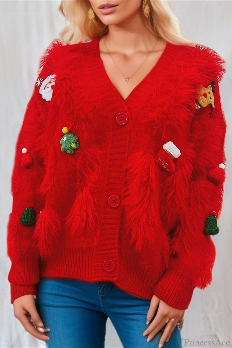Christmas Mink Fleece 3d Trim Single-breasted Cardigan Sweater