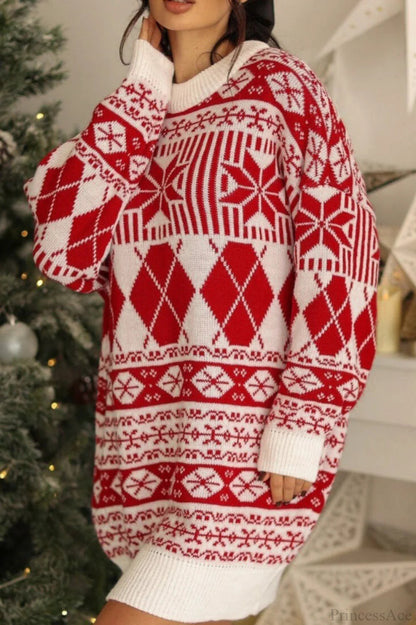 Christmas Snow Maple Round Neck Long Sweater