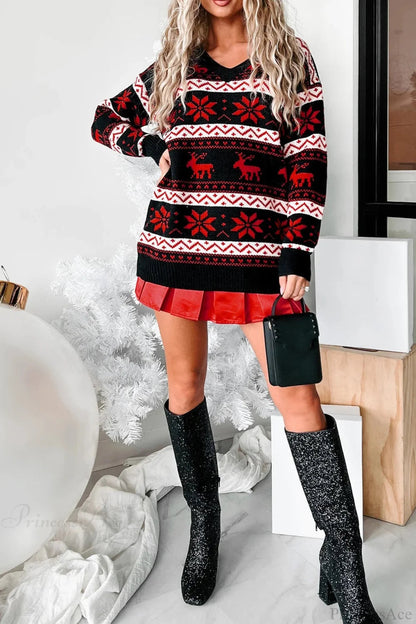 Christmas V Neck Elk Jacquard Color Block Knit Sweater