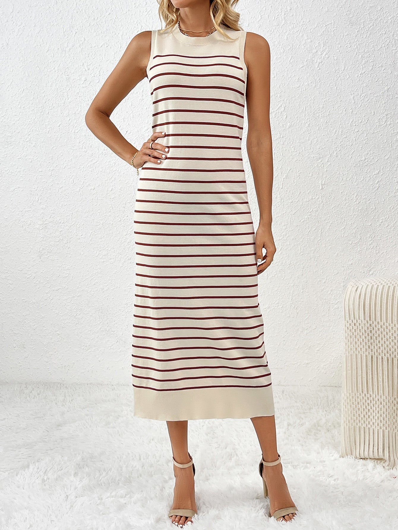 Dancing on Air Striped Knit Midi Dress - Coffee