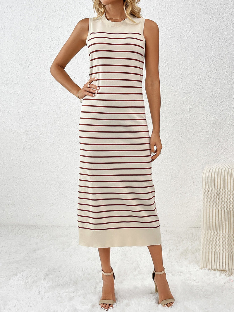 Dancing on Air Striped Knit Midi Dress - Coffee
