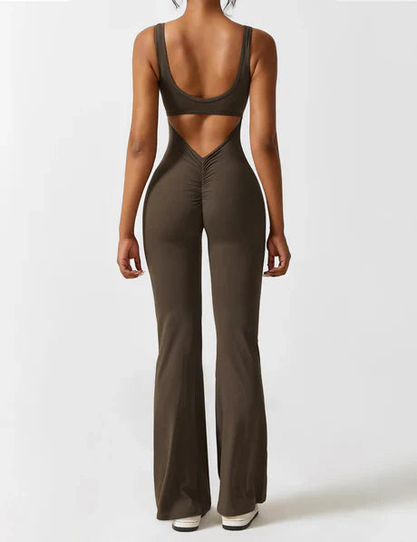 V-back Flared Jumpsuit Coffee
