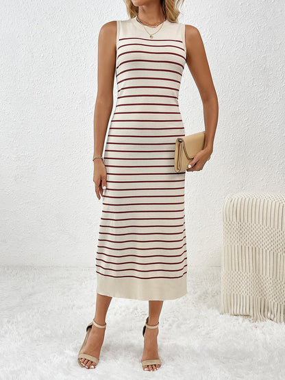 Dancing on Air Striped Knit Midi Dress - Coffee