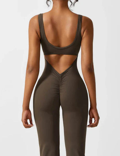 V-back Flared Jumpsuit Coffee