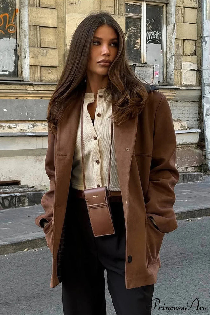 Coffee Suede Paneled Black Collar Loose Coat