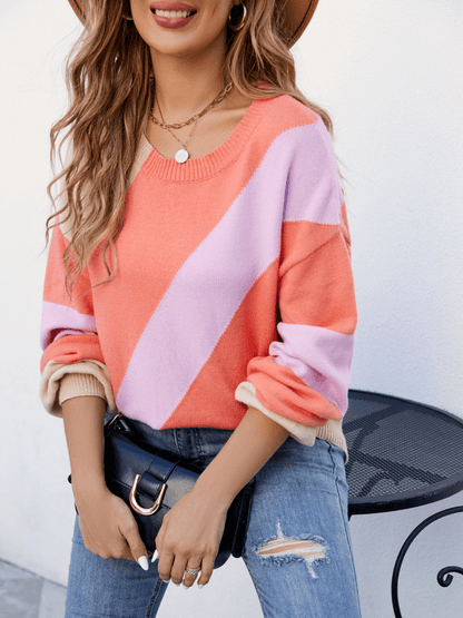 Leia Diagonal Strip Colorblock Sweater - Coral