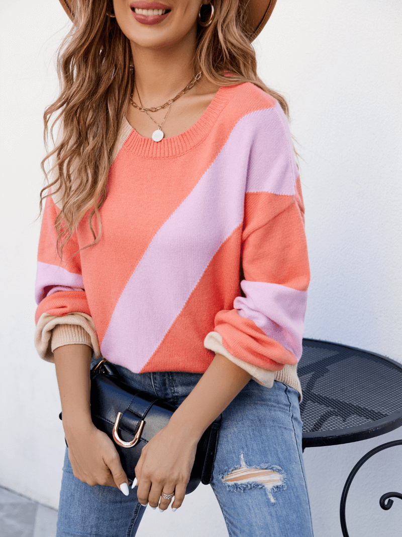 Leia Diagonal Strip Colorblock Sweater - Coral