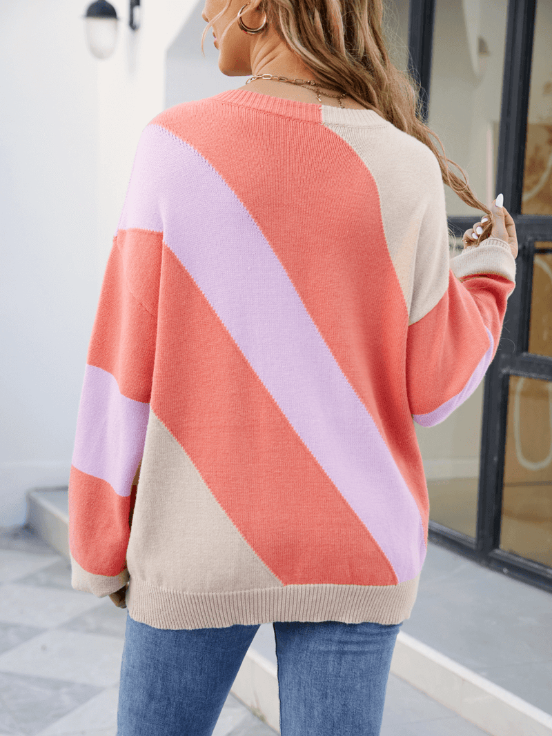 Leia Diagonal Strip Colorblock Sweater - Coral