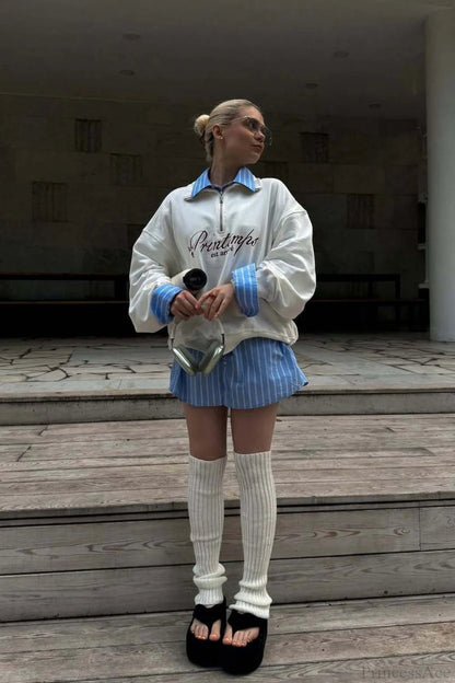 Cotton Letter Print Half-zip Long Sleeve Sweatshirt