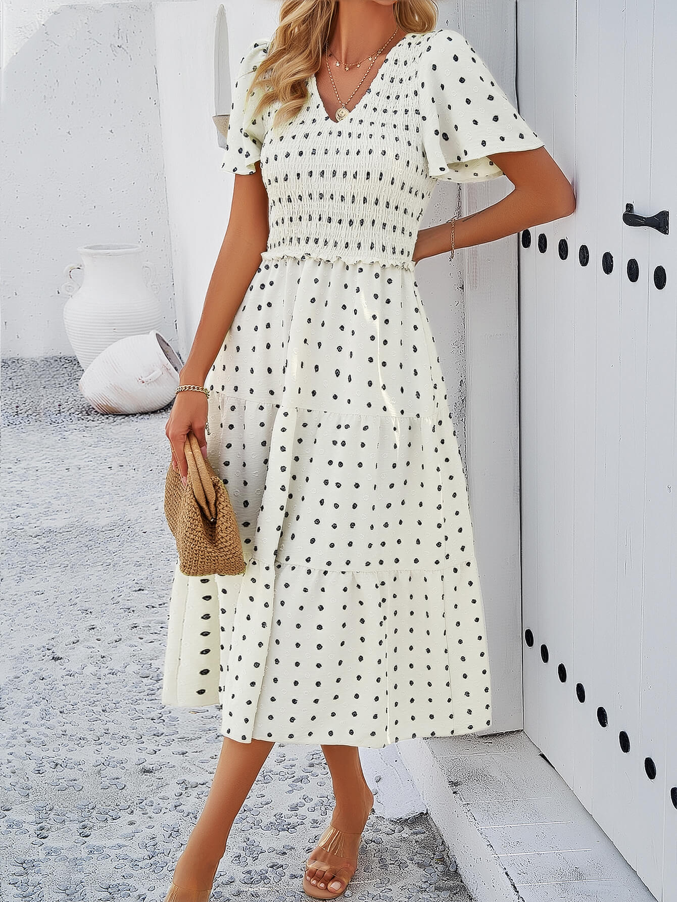 Leonie Spotted Tiered Midi Dress - Cream