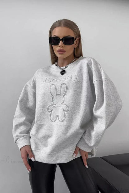 Crew Neck Oversized Embossed Rabbit Sweatshirt