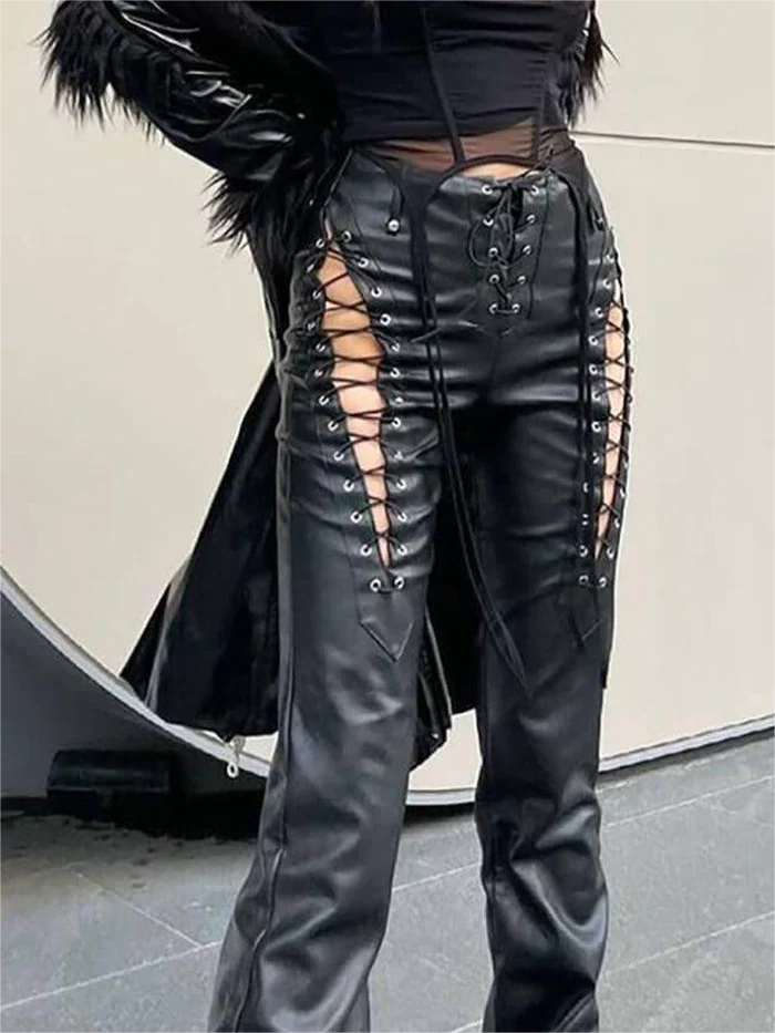 Black Pu Leather Pants With Cutout Detail