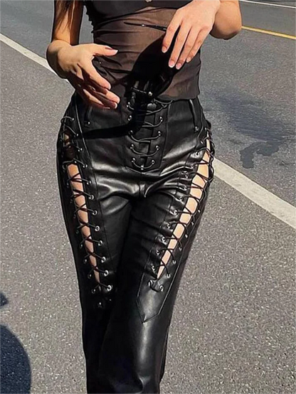 Black Pu Leather Pants With Cutout Detail