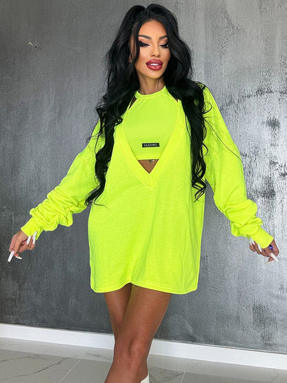 Loose Color Round-neck Mini Dresses & Vest Top Two Pieces Set