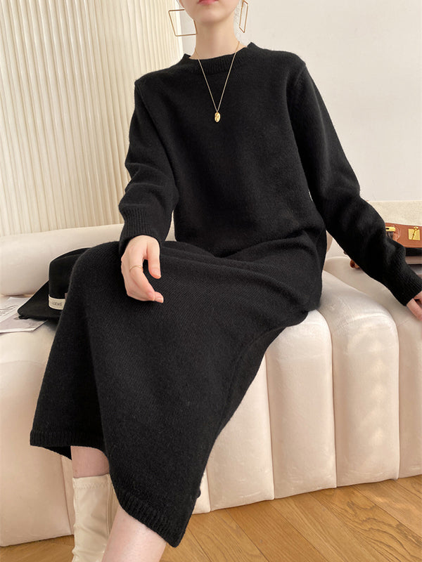 Urban Loose Long Sleeves Color Round-neck Sweater Dresses