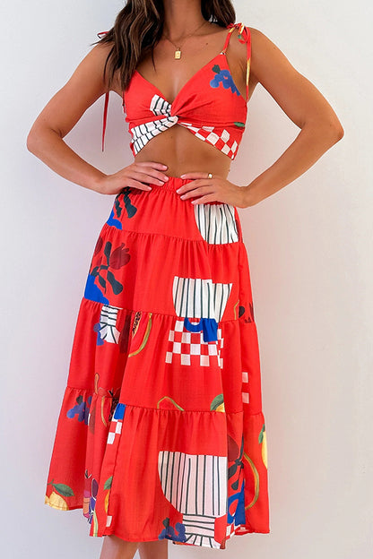 Unique Printed Camisole Elastic Waist Long Skirt Two Piece Set