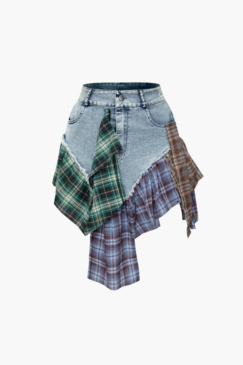 Asymmetric Check Patchwork Denim Mini Skirt