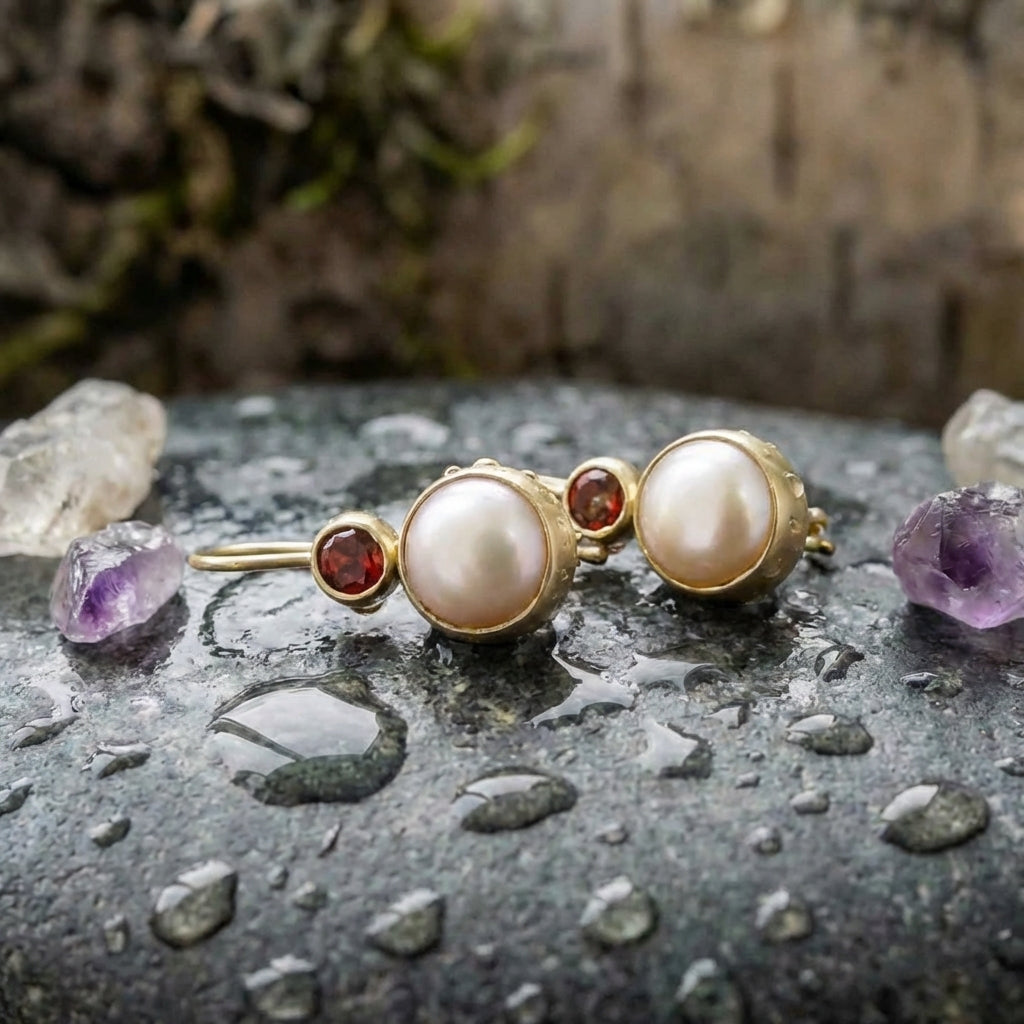 Vintage Pearl & Red Crystal Earrings