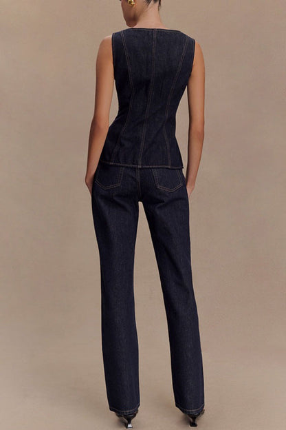 Button Front High Waist Denim Two Piece Vest Pants Set
