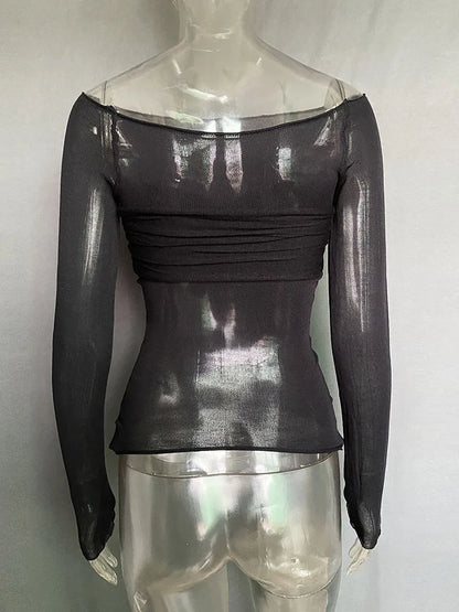 Long Sleeve Shoulder Gauze T-shirts Slim Versatile T-shirt Spring Female Off Shouler Tops