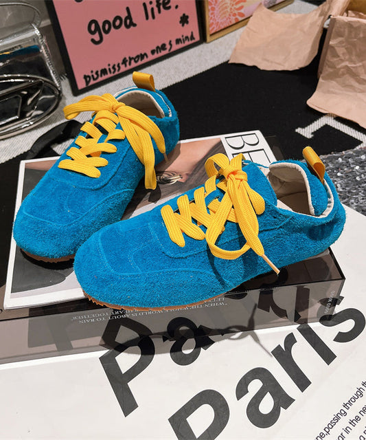 Soft Comfy Blue Suede Flat Shoes Splicing Lace Up