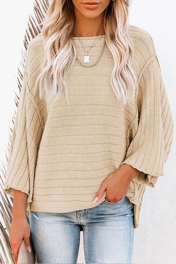 Apricot Color Ribbed Knit 3/4 Sleeve Pullover Sweater