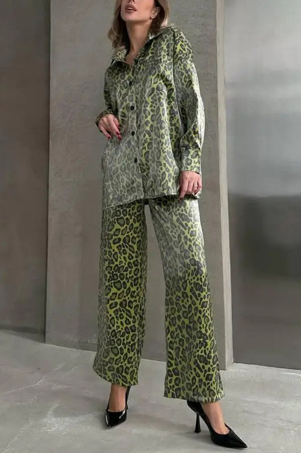 Leopard Print Long-sleeved Top and Loose Elastic Waist Tie Pants Set