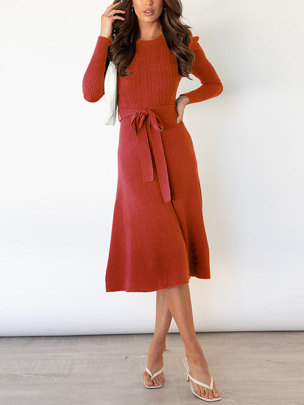 High Waisted Long Sleeves Color Tied Waist Round-neck Midi Dresses Sweater Dresses