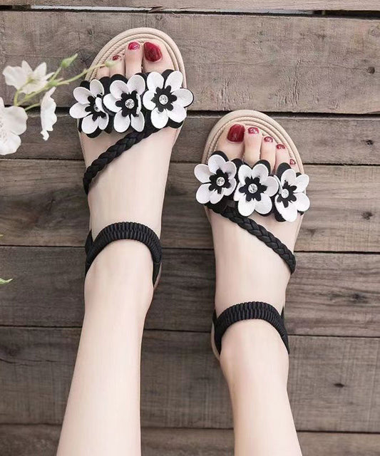 Black Flat Sandals Peep Toe Soft Splicing