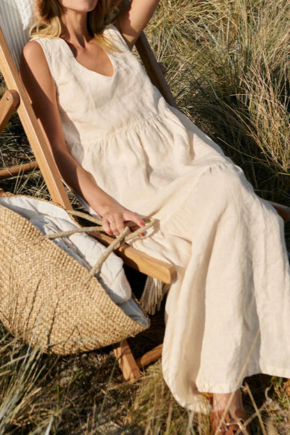 Cotton Crinkled V-neck Tiered Vest Maxi Dress