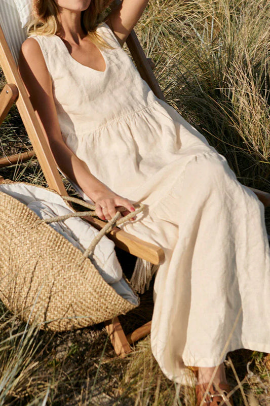 Cotton Crinkled V-neck Tiered Vest Maxi Dress