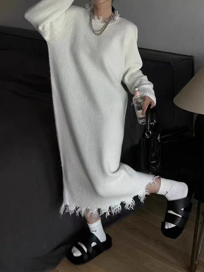 High Waisted Long Sleeves Fringed Color Round-neck Midi Dresses Sweater Dresses