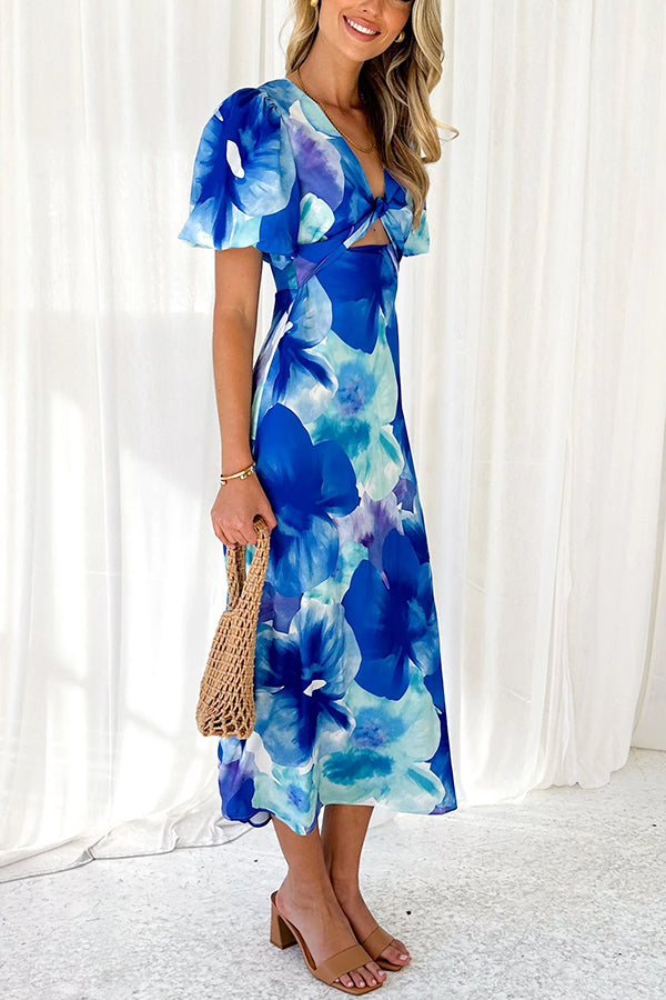 Sophia Print Satin Puff Sleeve Twist Bust Cutout Midi Dress