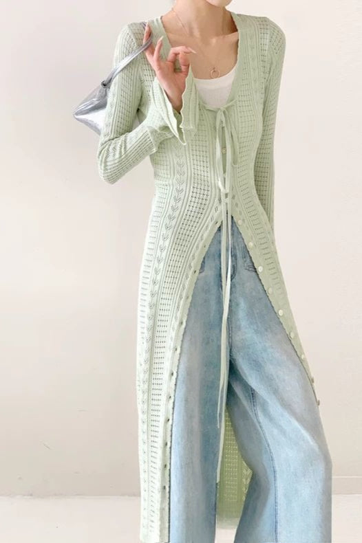 Lightweight Light Green V-neck Bell-sleeve Lace-up Midi Knit Cardigan