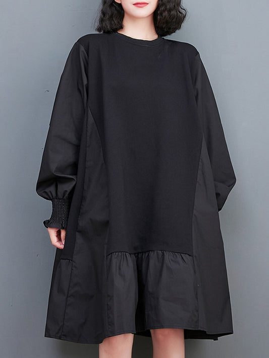 Loose Puff Sleeves Pleated Color Split-joint Round-neck Midi Dresses
