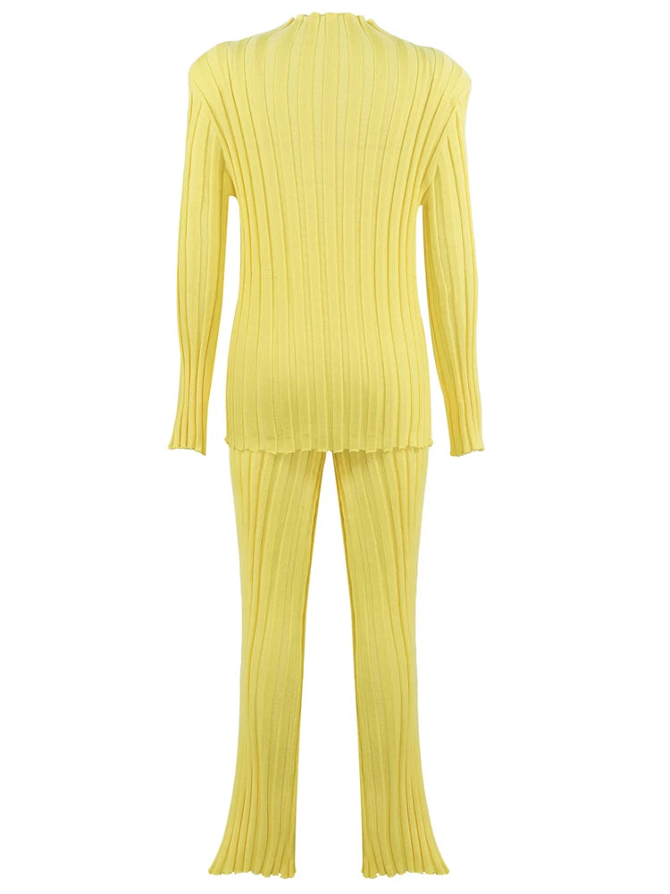 New Ribbed Outfits Knitted Long Sleeve Sweater Top and Pants 2 Piece Sets Loose Tracksuit Suit