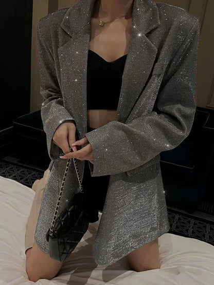 Sequin Glitter Lapel Suit Outwear for – Long Sleeve Coat