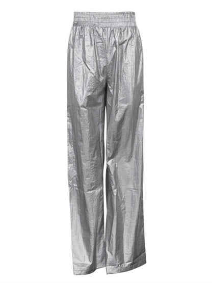 Pu Silver Pants Autumn Winter High Waist Loose Wide Leg Pant Femme Party Club Woman