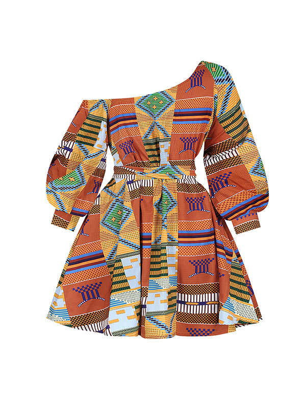 High Waisted Loose Elasticity Printed Tied Waist One-shoulder Mini Dresses
